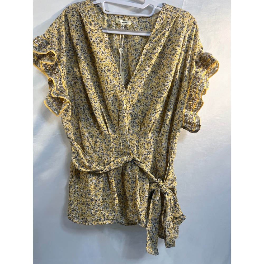 Max Studio Yellow Floral Ruffle Sleeve Wrap Tie Blouse XL 9701D38 NEW